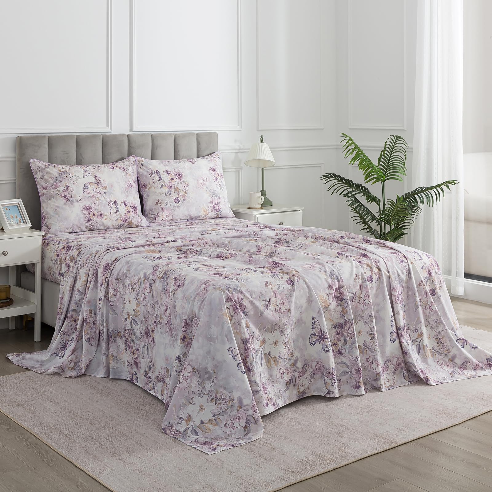 Purple Floral Queen Sheet Set 100% Cotton, Butterfly Patterned Vintage Percale Bed Sheets, Shabby Chic Luxury Toile Bedding, Deep Pocket Crisp Soft Farmhouse Flower Fitted Sheet 4Pcs