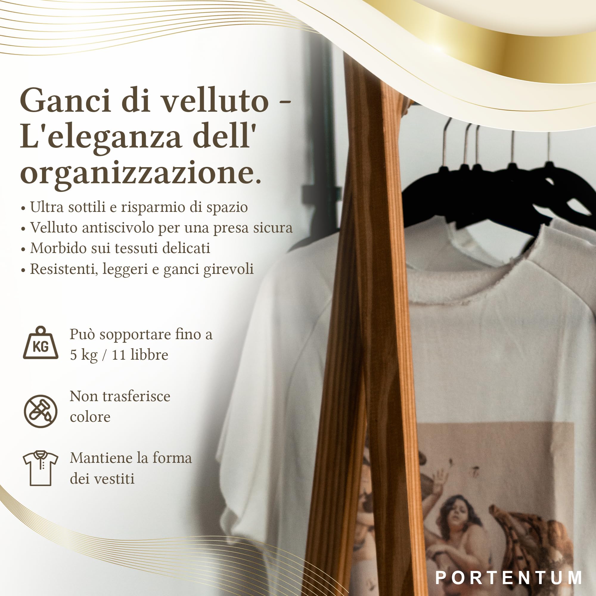PORTENTUM Grucce in Velluto, Confezione da 50, Nero - Antiscivolo con Gancio Girevole 360º, Scanalature e Supporto Accessori, Salvaspazio 0,6 cm Spessore, Made in Spain