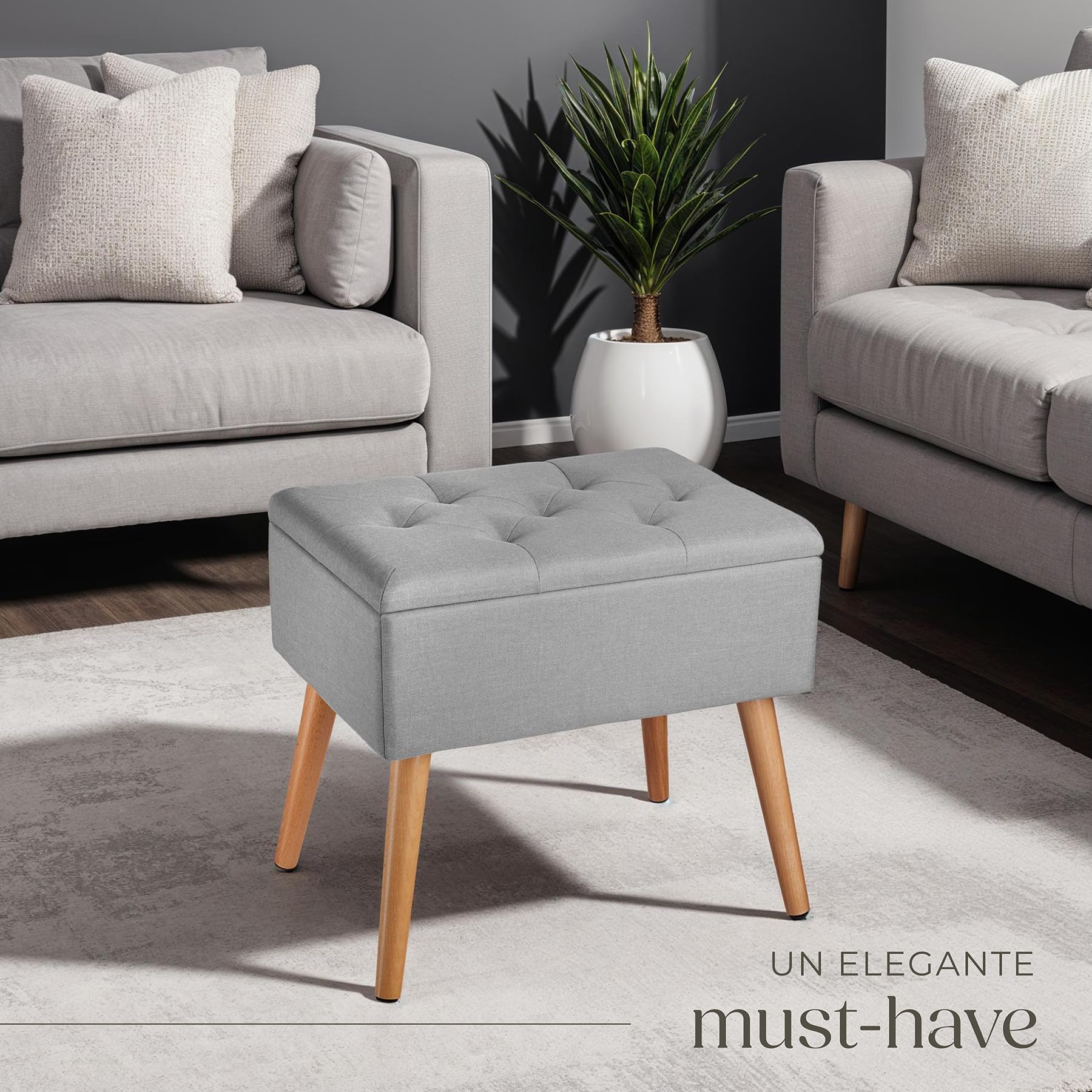 tectake® Panchina Imbottita, Rivestimento Effetto Lino, Scomparto Interno, Gambe in Faggio Massiccio, Capacità 300 Kg, Misure 51x37,5x45,5 cm - Grigio Chiaro