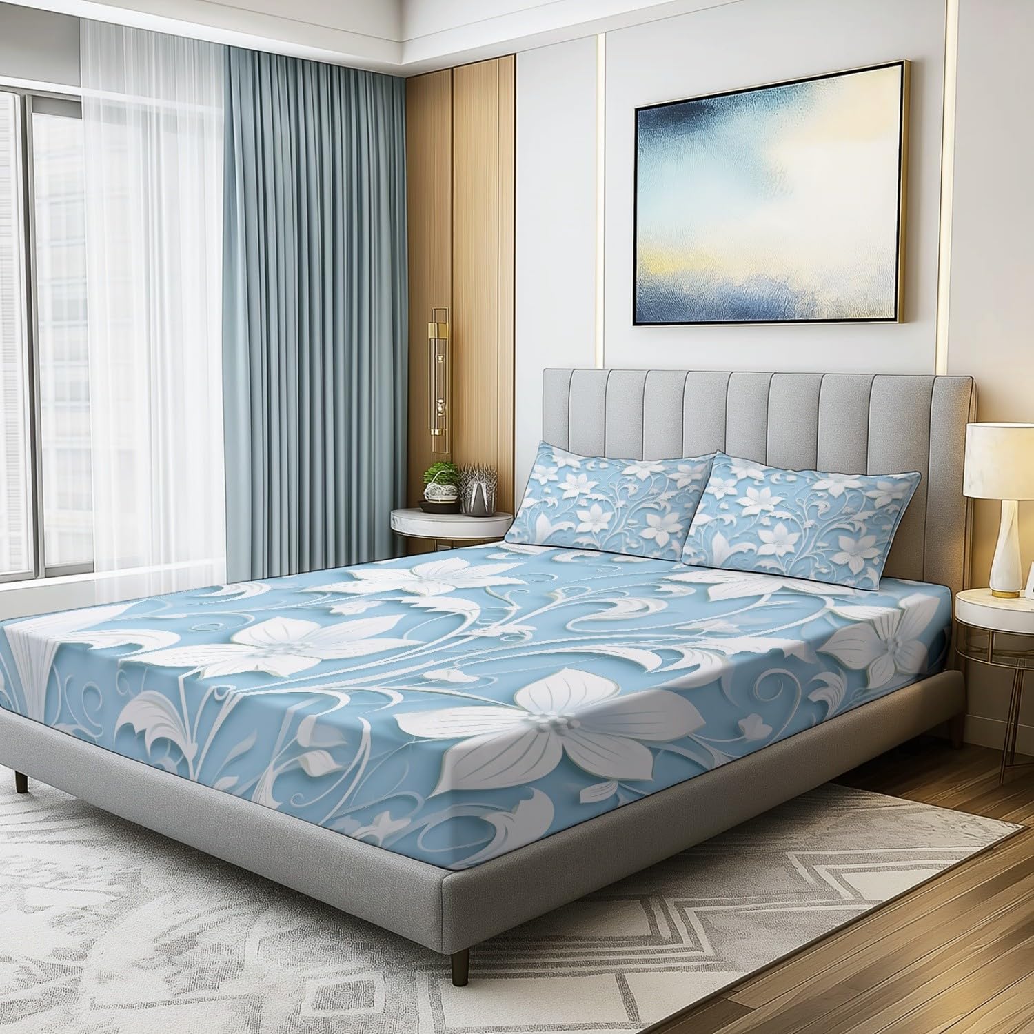 Drap Housse 140 x 190 cm - Minimal Élégant Floral Vignes Thème Drap-Housse en Microfibre avec Coins Élastiqués, Bleu Clair Respirant Draps-Housses pour Matelas de 30 cm Haut
