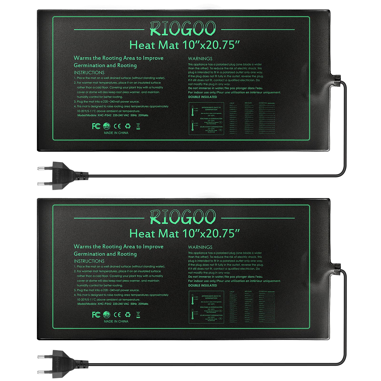 RIOGOO Alfombrilla térmica para Plantas de semillero, Resistente al Agua, para Invernadero, Duradera, de 10 "x 20,75", para propagación térmica de germinación (Paquete de 2)