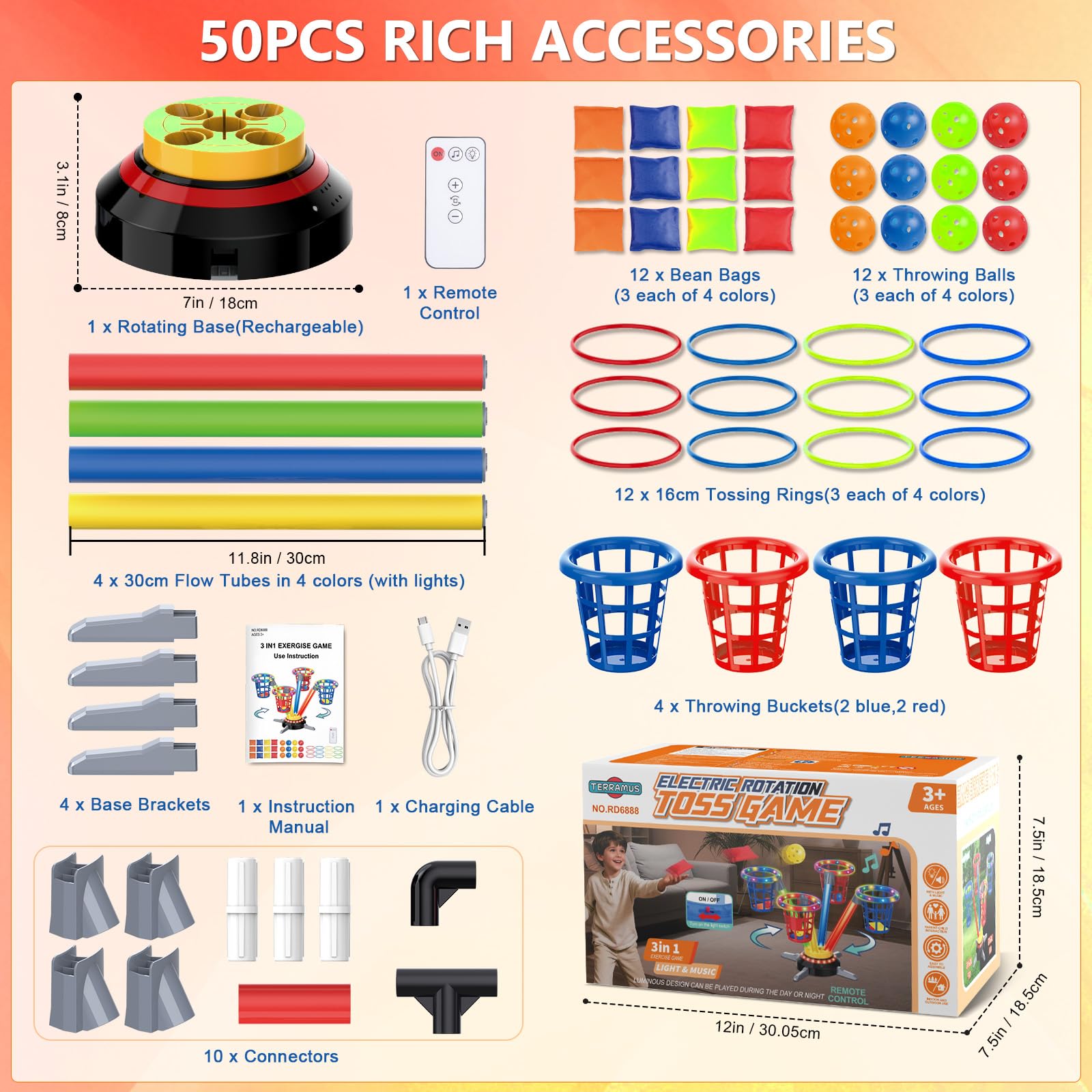 TERRAMUS 3-in-1 Ringwurfspiel mit Sandsäckchen für Kinder, wiederaufladbares Hüpfspiel mit Musik Licht, elektrischer Drehteller, Sandsäckchen Ringen, Indoor Outdoor Sportspielzeug für Jungen Mädchen