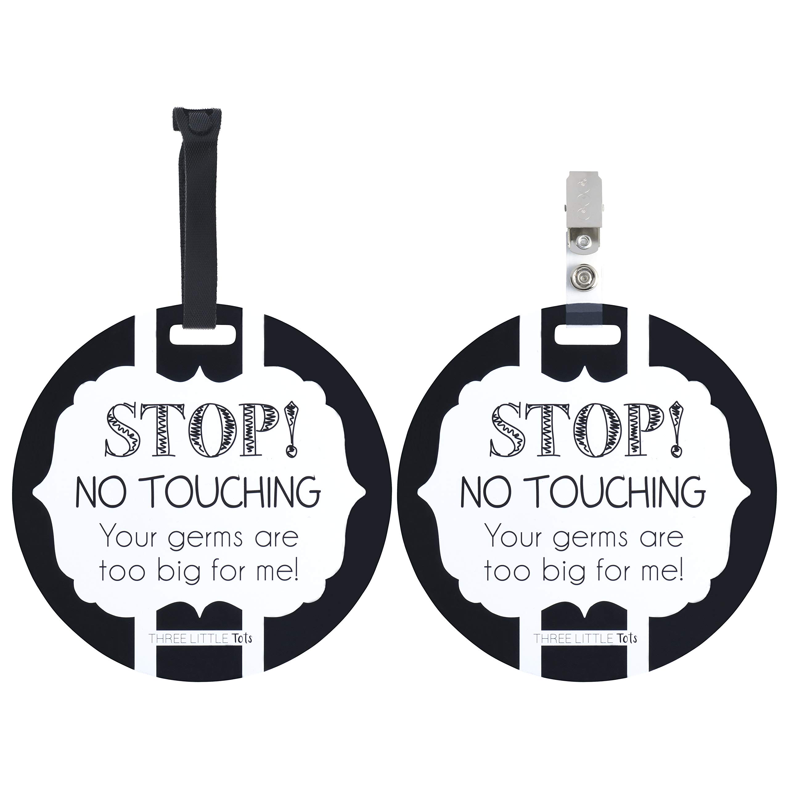 Three Little Tots Two Pack - Black and White No Touching Baby Car Seat and Stroller Signs - CPSIA Safety Tested