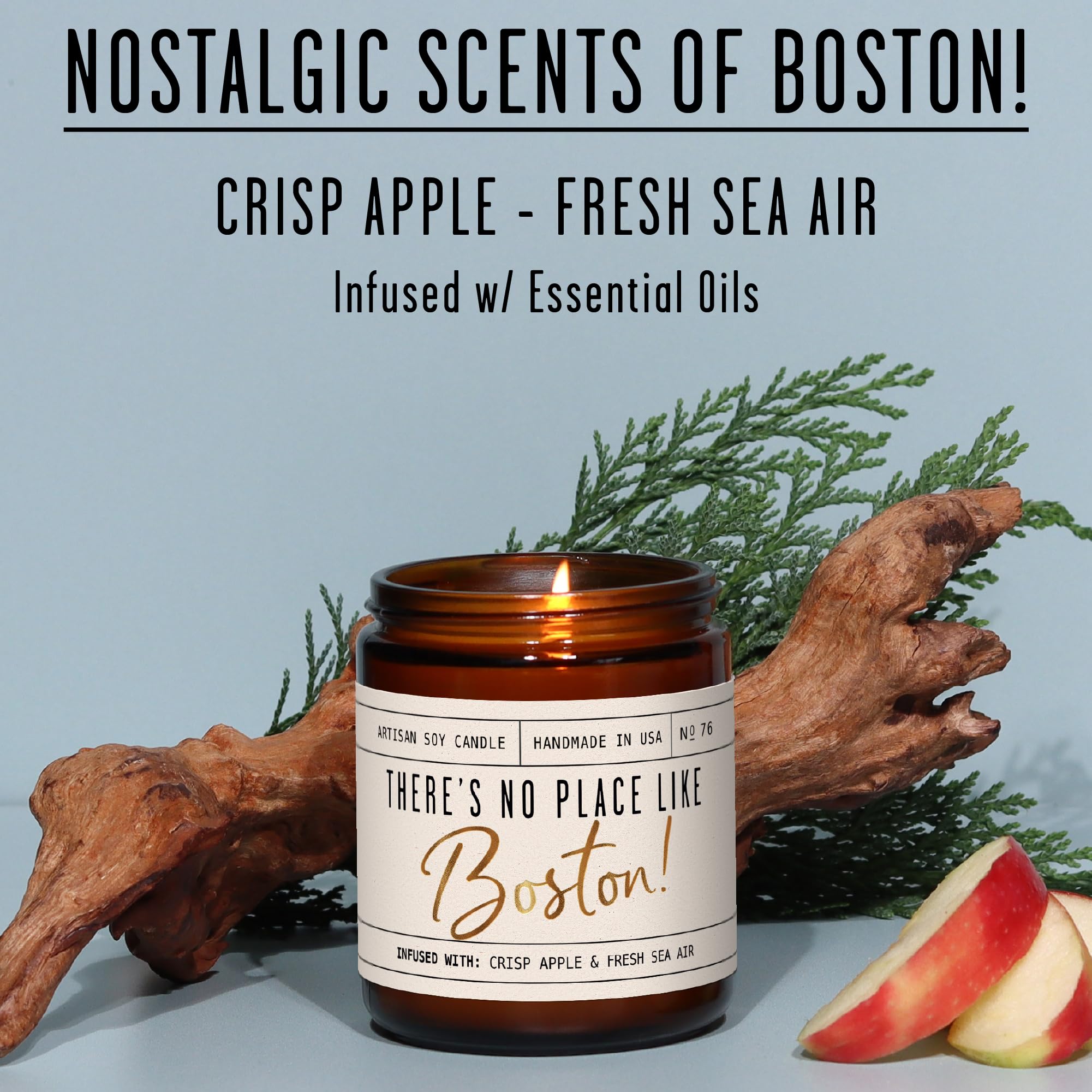 Boston Gifts, Boston Decor for Home - 'There's No Place Like Boston Candle, w/Wood, Sage & Sea Salt I Boston Souvenirs I 9oz Jar, 50Hr Burn, Made in USA