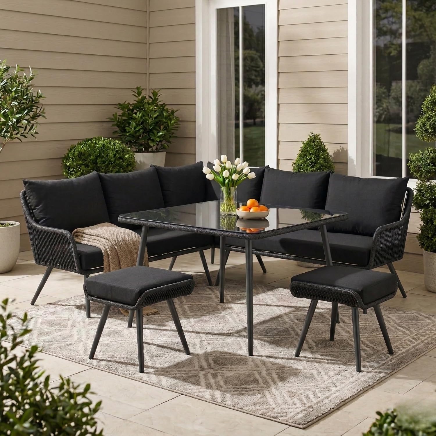 DEVOKO Outdoor All Weather 5 Piece Rope L-Shape Dining Sofa Conversation Set with Table & Ottomans for Garden, Pool, Terrace, Backyard (Black)