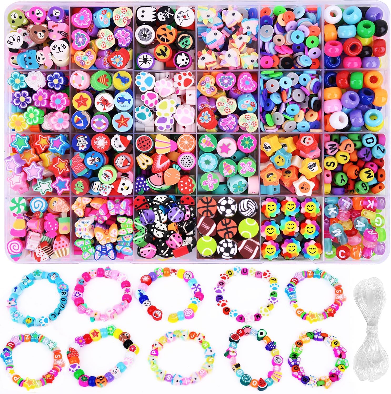 Kelexx Polymer Clay Beads Bracelet Making Kit - 24 Styles Cute Fruit, Flower, Animal, Cake, Butterfly & Heart Charms for Jewelry, Necklace, Earring DIY Craft Accessories for Girls & Women