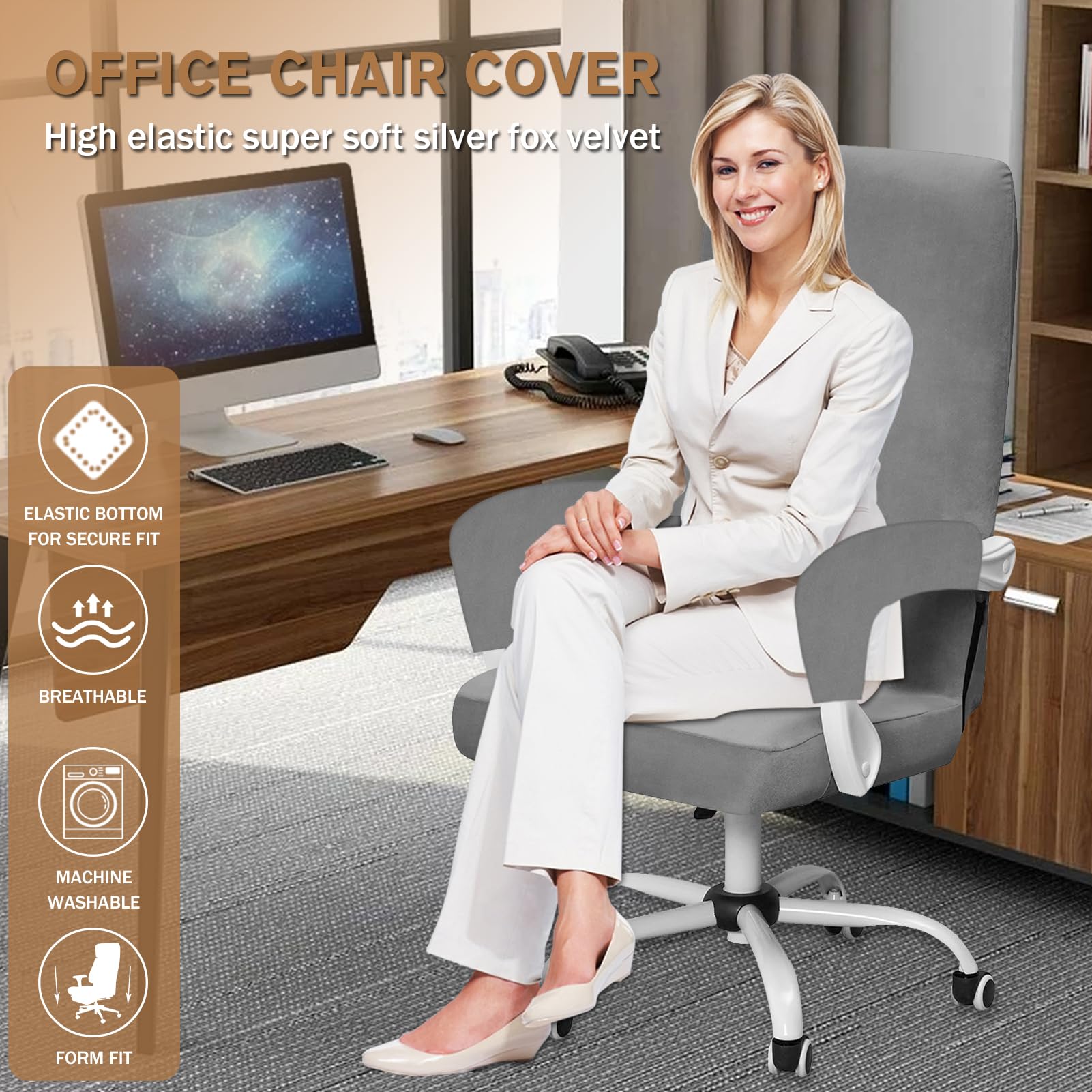 Coprisedia In Velluto Elasticizzato - Per Sedia Da Ufficio, Taglia Media, Grigio Scuro