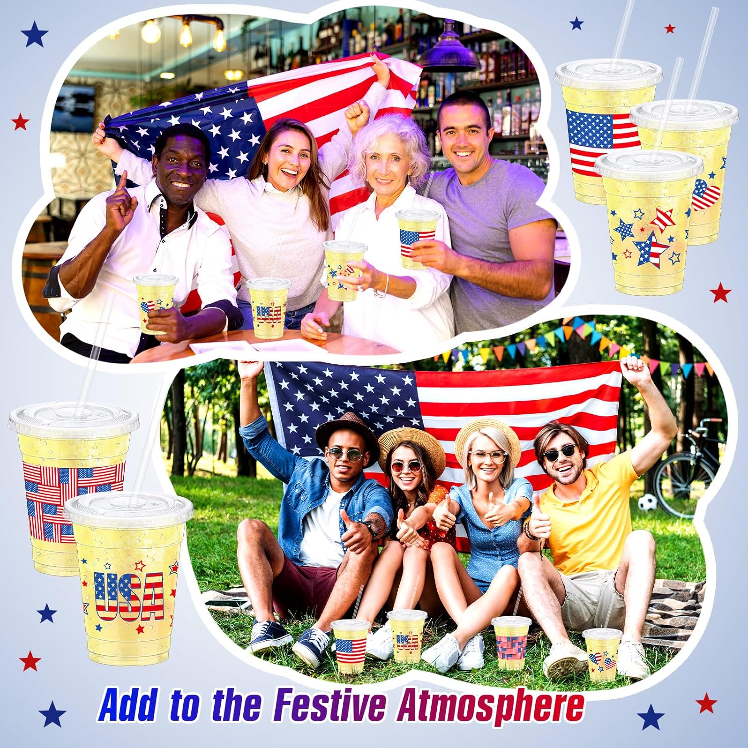 Jingmore 50 Sets 4th of July Patriotic Plastic Cups with Lids and Straws, 12oz Clear American Flag Disposable Drinking Cup for Independence Day 250th Anniversary Memorial Day Party Supplies