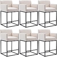 Vista 9 de HNY Taburete de bar moderno de altura de mostrador, taburete de bar tapizado de tela de lino con respaldos, taburetes de isla de cocina de 27 crema