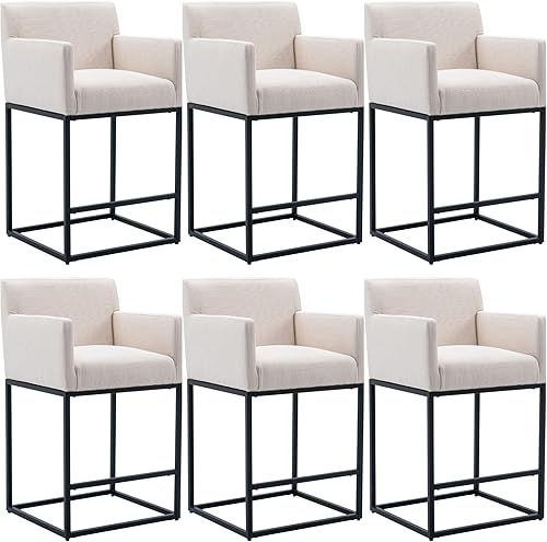 Miniatura 9 de HNY Taburete de bar moderno de altura de mostrador, taburete de bar tapizado de tela de lino con respaldos, taburetes de isla de cocina de 27 crema