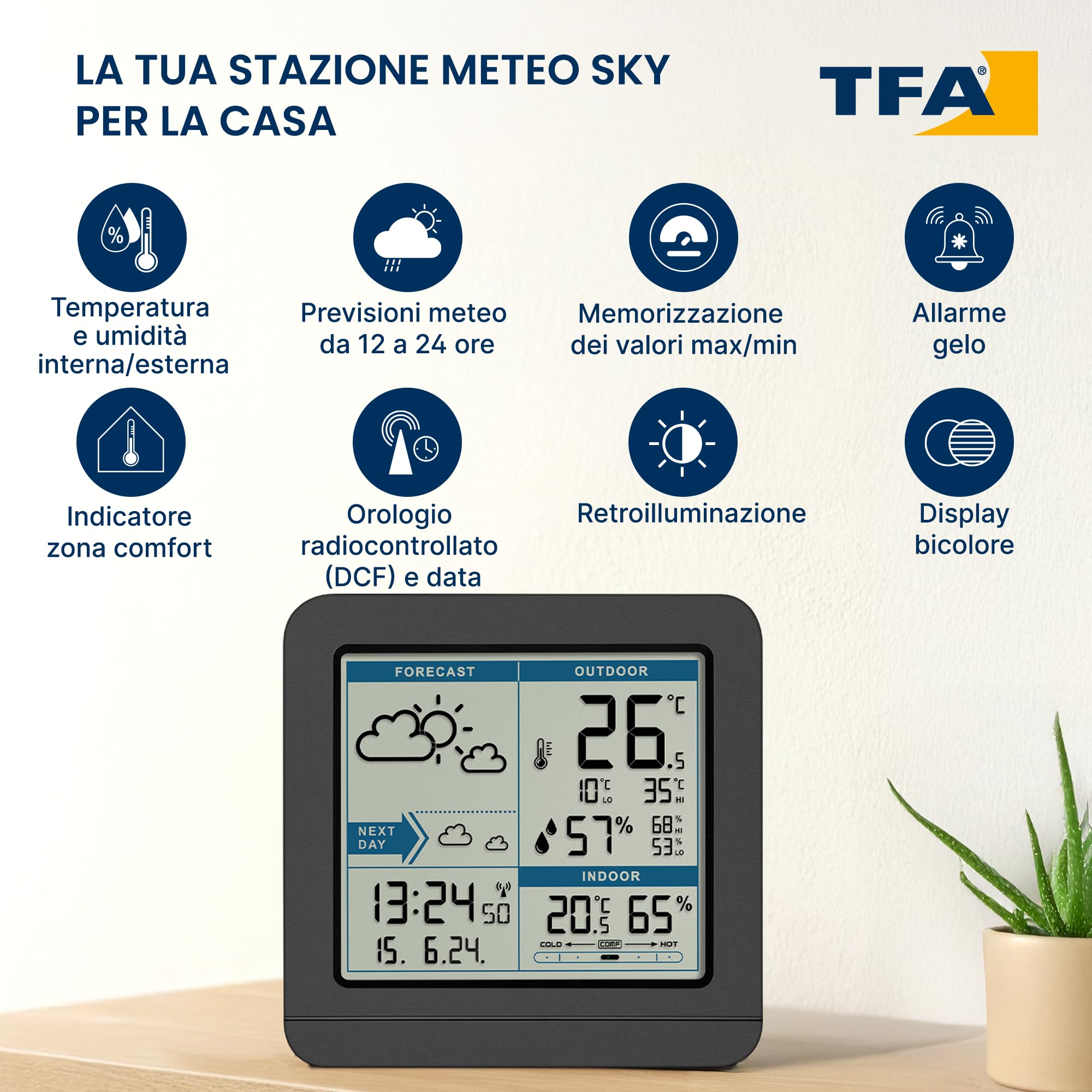 TFA Dostmann Stazione meteo con sensore esterno, radio SKY, 35.1152.01, radio, previsioni del tempo, orologio radio, per interni ed esterni