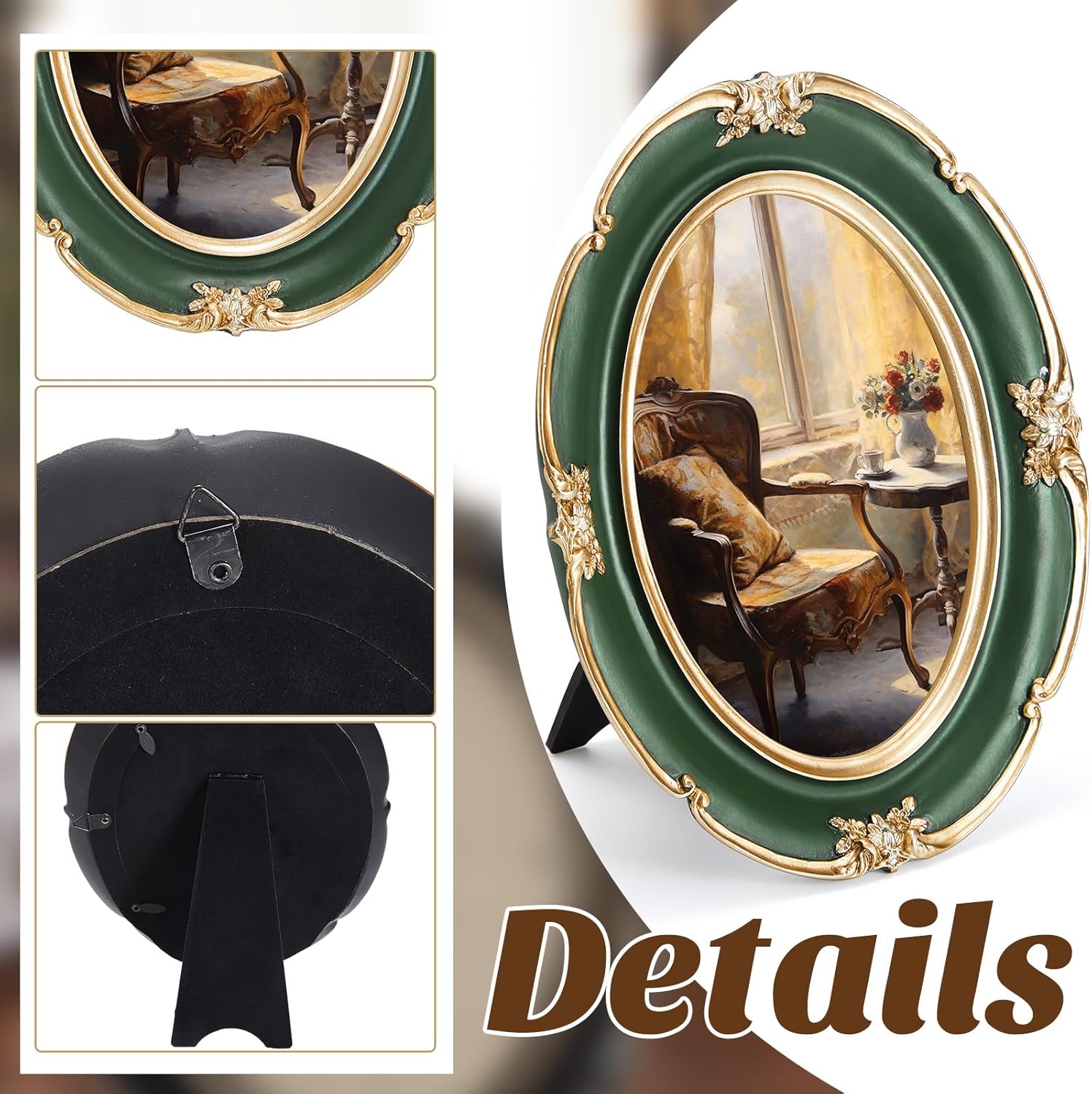 3 Pcs Green Vintage Picture Frame Set Oval Picture Frames Antique Photo Ornate Frames with Glass Front Photo Display Tabletop Gift Wall Hanging Art(Antique Style)