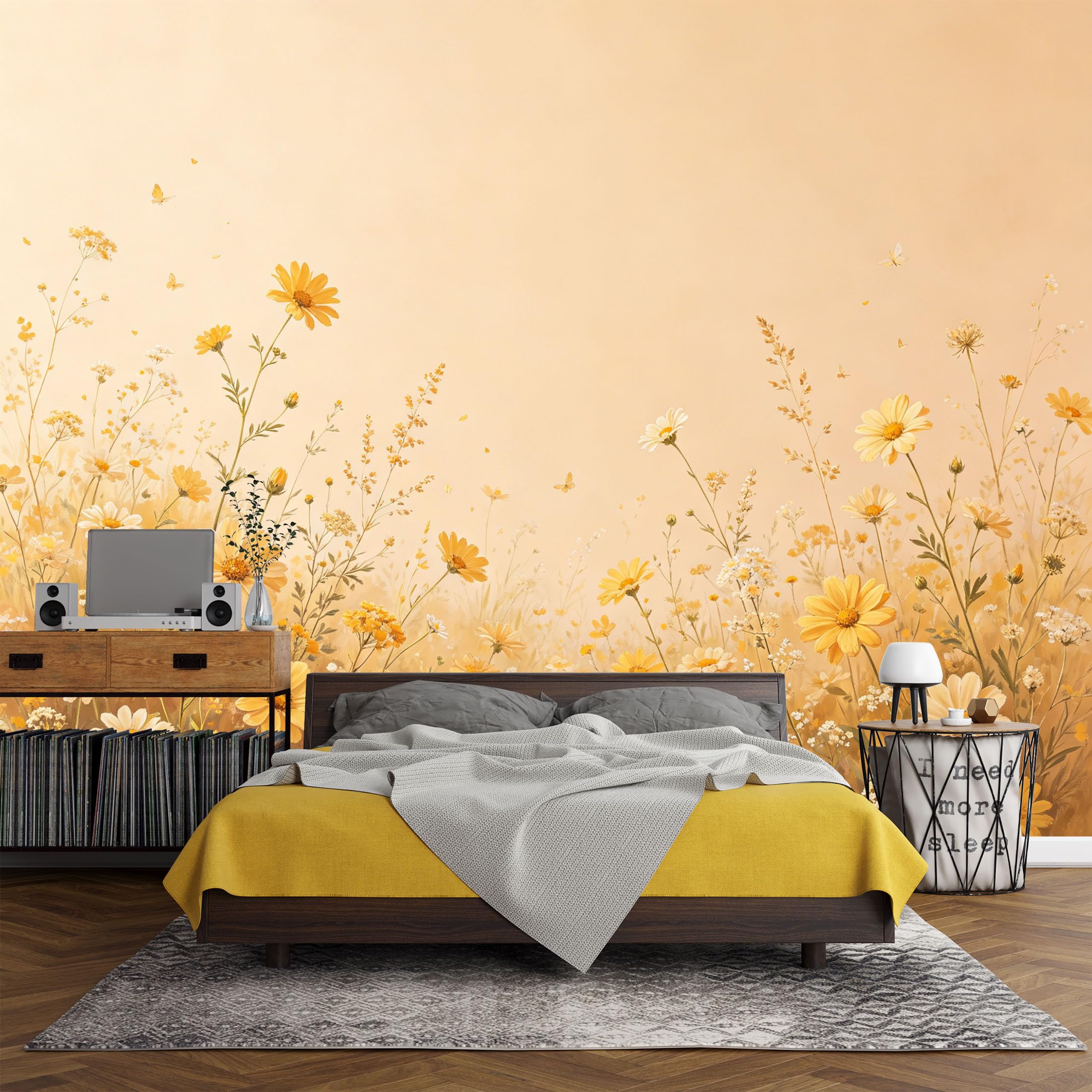 Custom Size Wall Mural， Botanical Wildflower Meadow Daisy Butterfly Watercolor，SelfAdhesive Art Prints wall Fabric (No PVC) Removable Wallpaper Living Room Decor