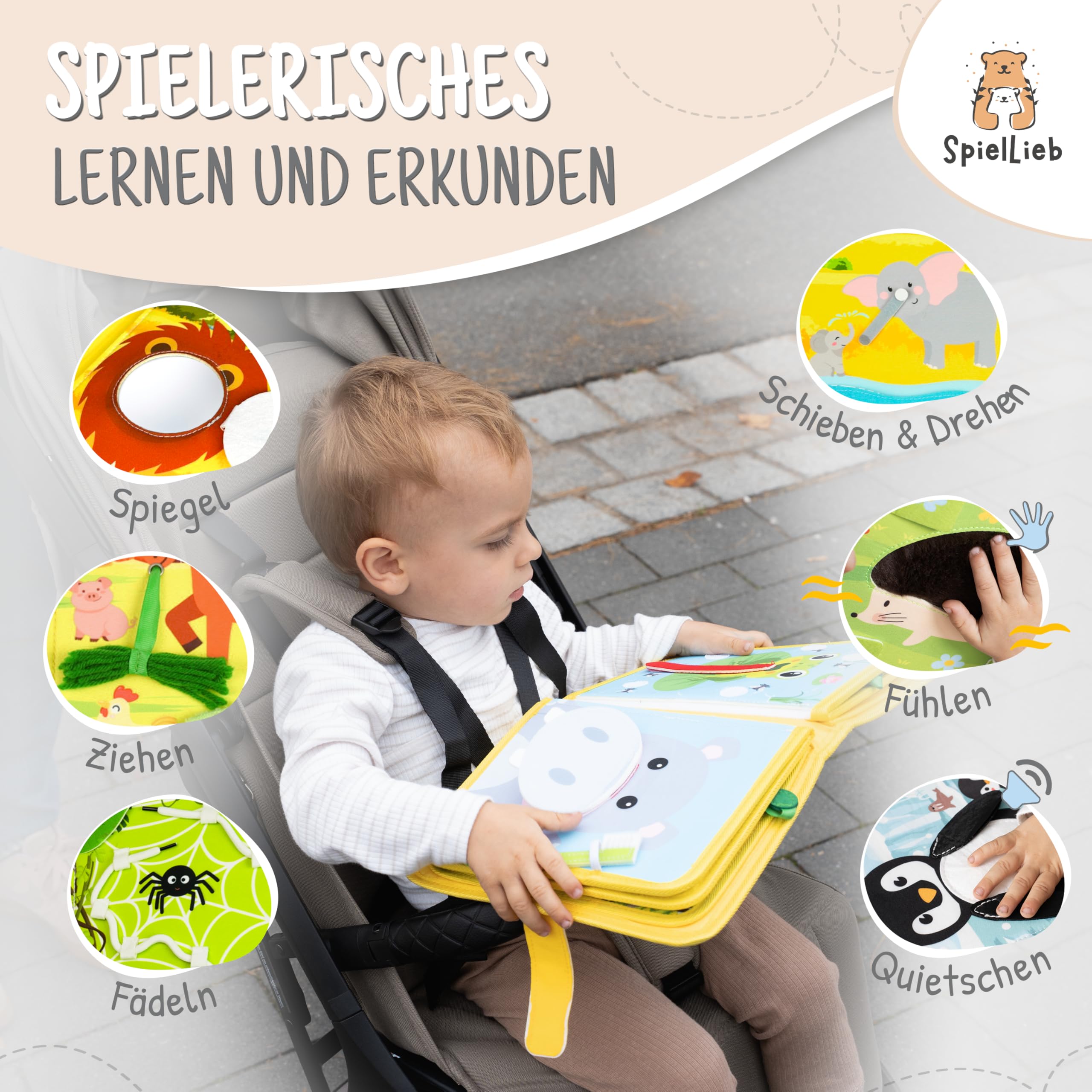SpielLieb® Montessori Quiet Book ab 1 Jahr - interaktives Busy Board ab 1 Jahr mit Tieren - Quiet Book & Motorikspielzeug, ideale Beschäftigung für Autofahrten - Geschenk Junge & Mädchen (Gelb)