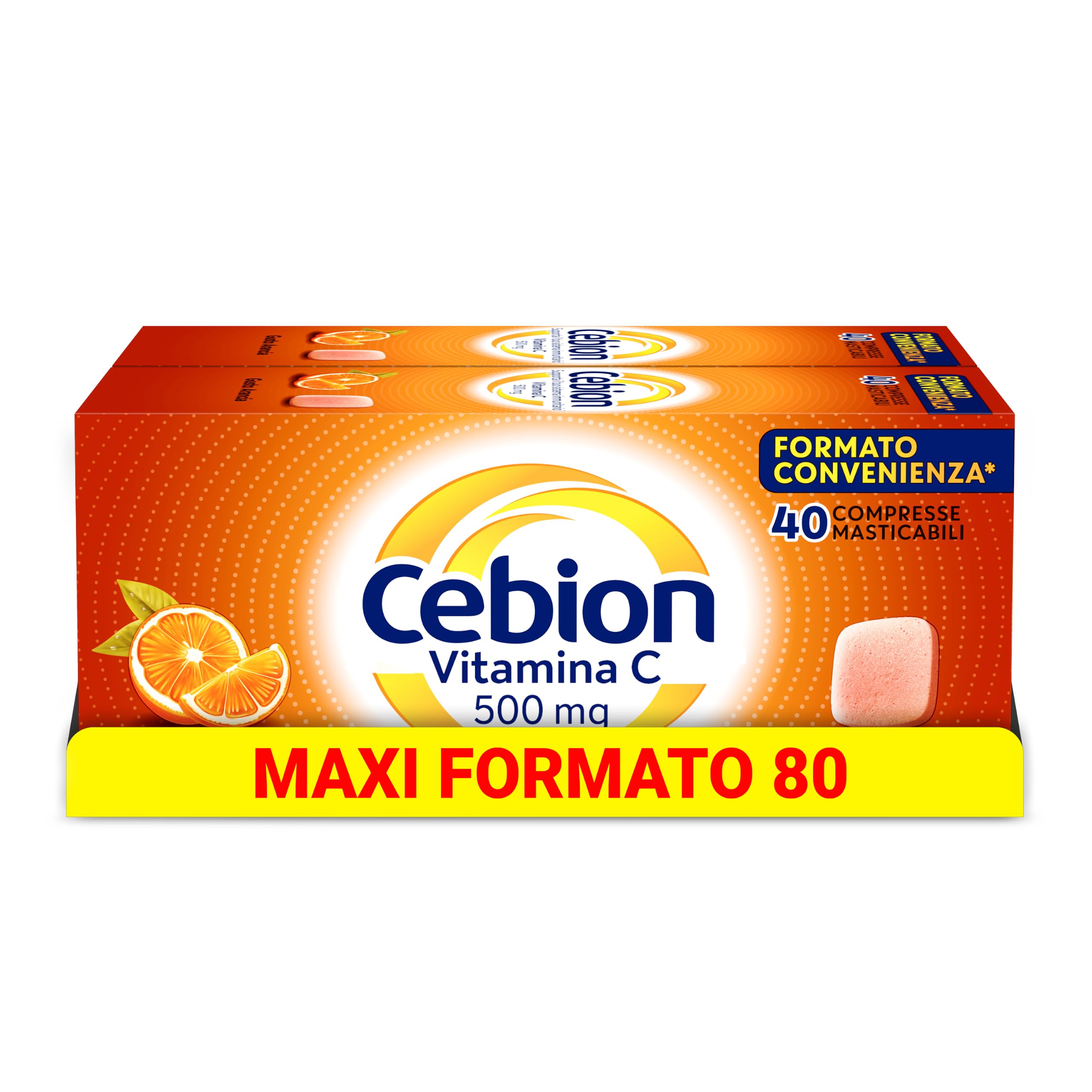 Cebion Vitamina C 500 mg Masticabile Arancia,Supporta il Sistema Immunitario1 e il Metabolismo Energetico, 80 Compresse, Integratore Alimentare