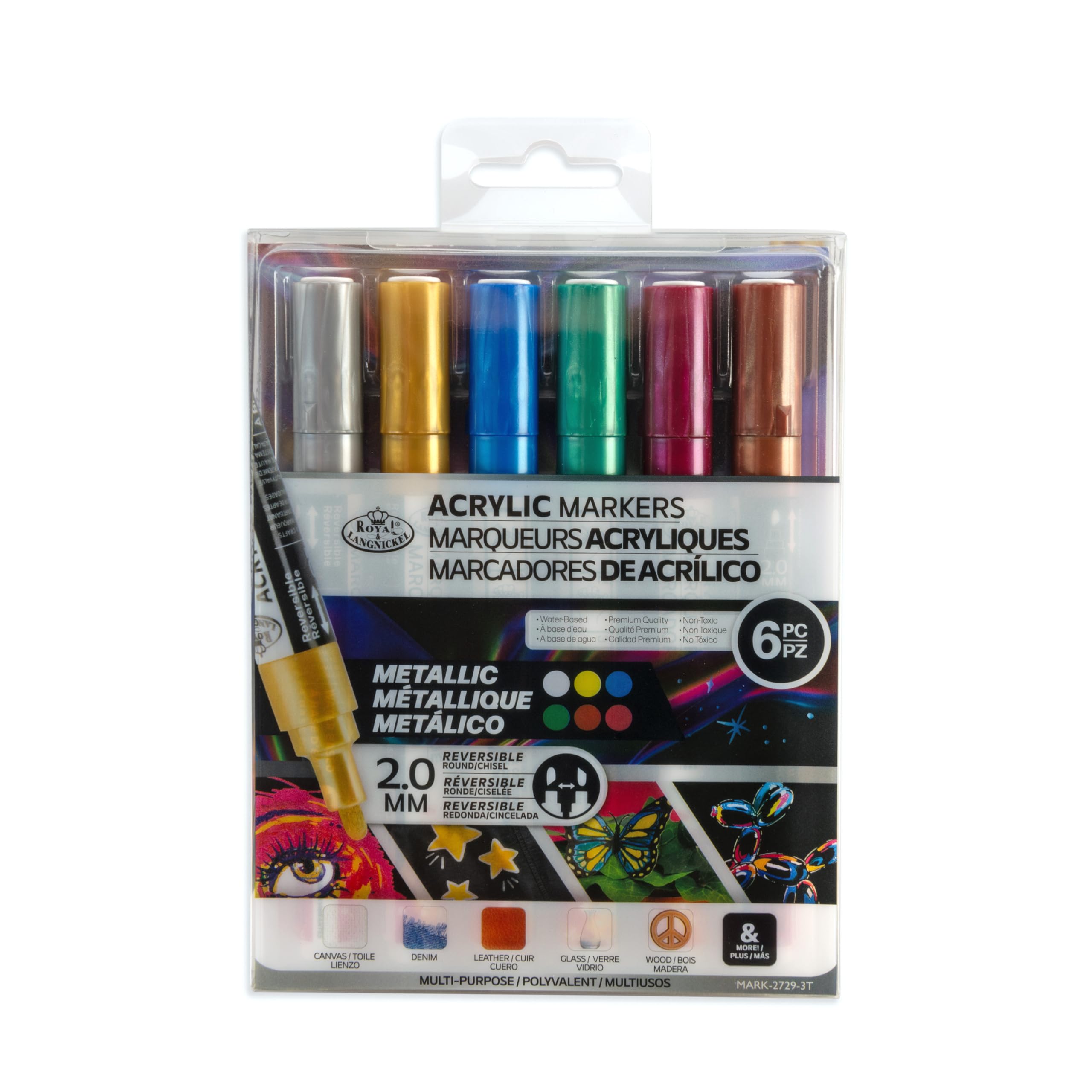 Royal & Langnickel 6pc ACRYLIC PAINT ARTIST MARKERS 2MM REVERSIBLE TIP METALLIC COLOURS