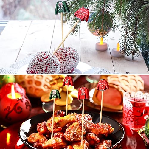 Miniatura 7 de Púas de cóctel de Navidad, suéter feo para cupcakes, palillos de dientes para fiesta de Navidad, palillos de dientes de bambú hechos a mano,