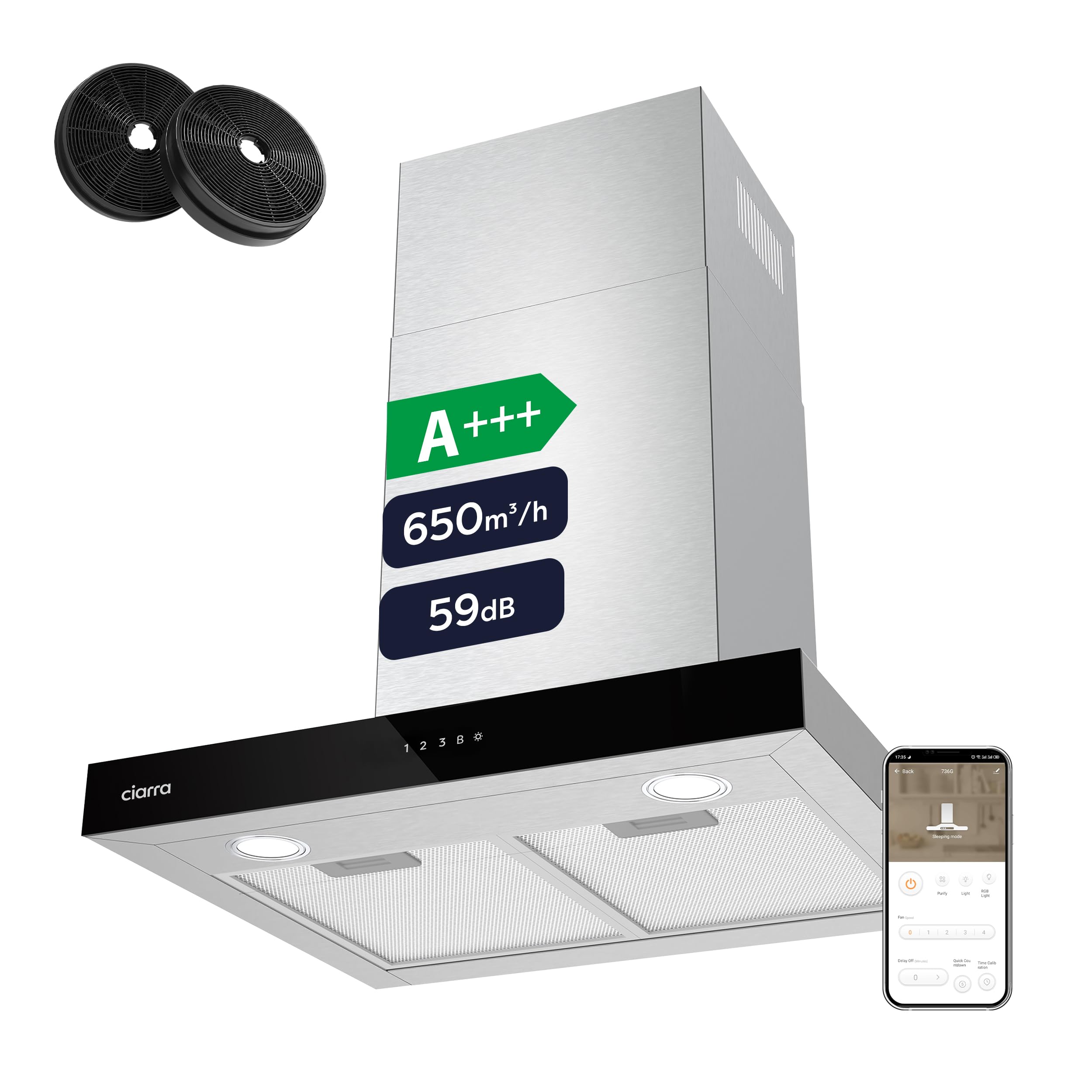 Ciarra CBCS6102 Campanas Extractora 60cm 650 m³/h - Control Táctil y Wifi - 4 Velocidades - Evacuación al Exterior y Recirculación Interna por Filtro de Carbón CBCF003 - Acero Inoxidable