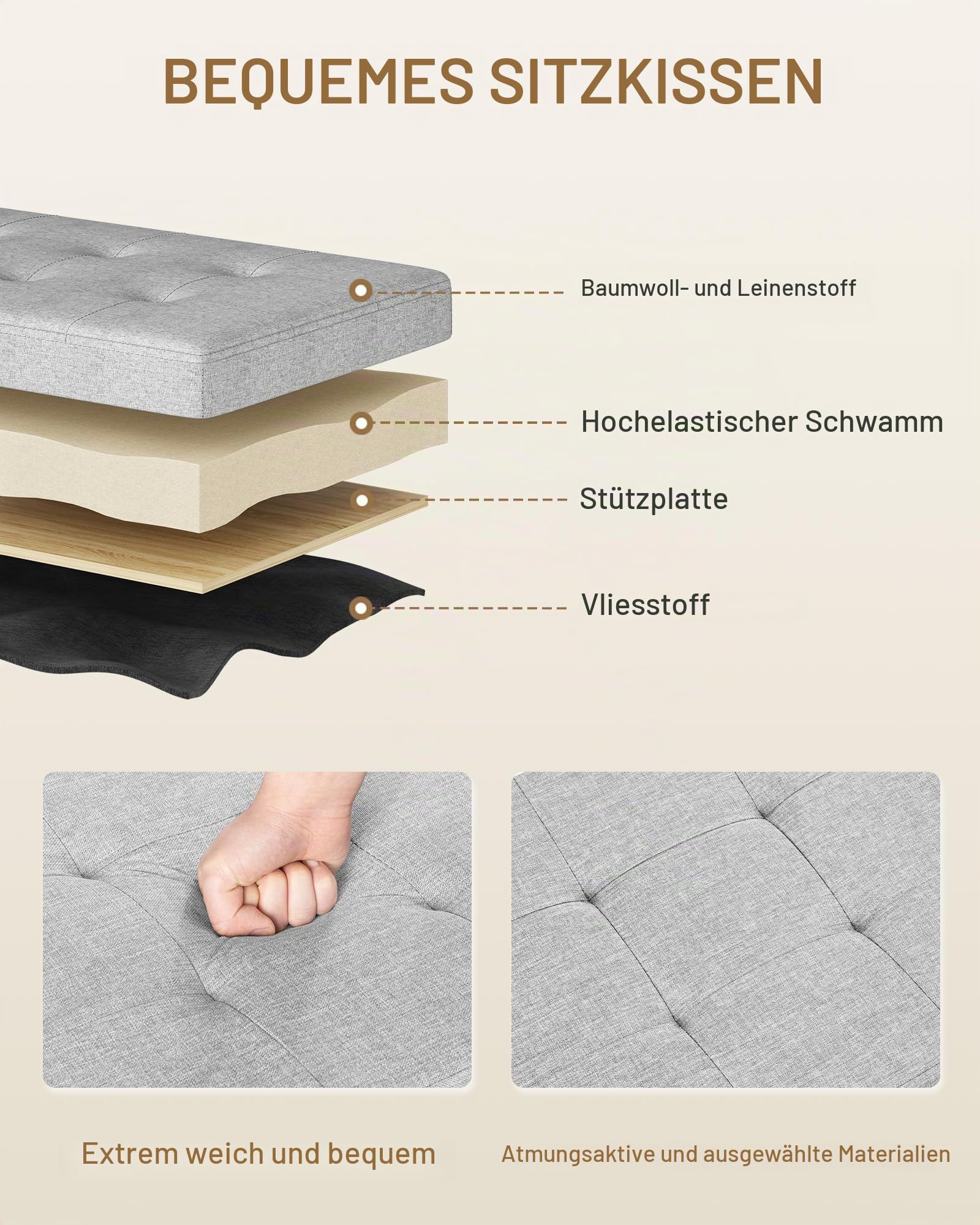 Hzuaneri Schuhbank mit Stauraum, 109 cm, Mit Leinenkissen, Weiß-Grau | Sitzbank, Aufbewahrungsbox, Für Wohnzimmer, Foyer und Eingangsbereich, 40 x 109 x 44,5 cm, SB01903GY