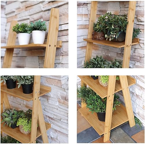 Miniatura 6 de PETUPPY Estante de escalera de bambú de 5 niveles, estante de escalera de esquina independiente con estantes ajustables, soporte de flores para