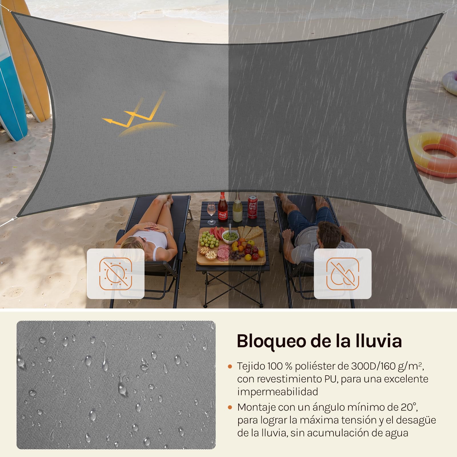 WOLTU Toldo Vela Impermeable Rectangular 4x5 m Poliéster Protección Rayos UV Intemperie para Patio Exteriores Jardín Color Arena Gris