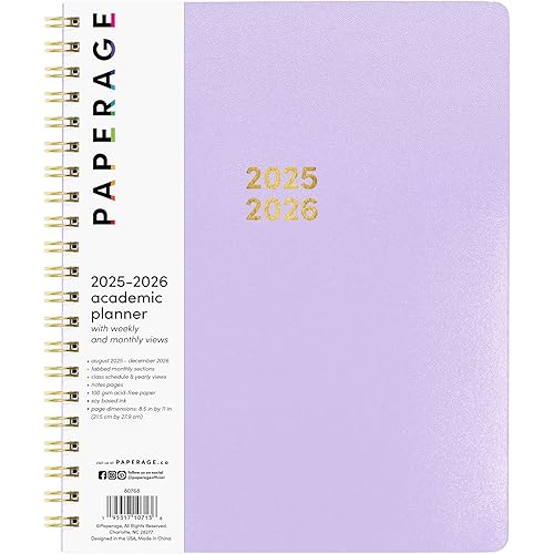 PAPERAGE 17 Month Academic Planner 2025-2026, Weekly & Monthly Spreads, August 2025 - December 2026, Large (8.5 in x 11 in), Lavender