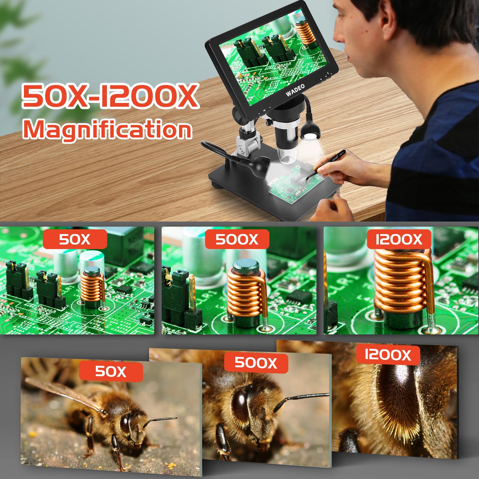 WADEO 7'' LCD Digital Microscope 1200X, 16MP 1080P Coin Microscope with 8 LED Lights and Fill Light, Compatible with PC/TV, Windows/Mac OS, with 32G Card and Remote Control — view 8
