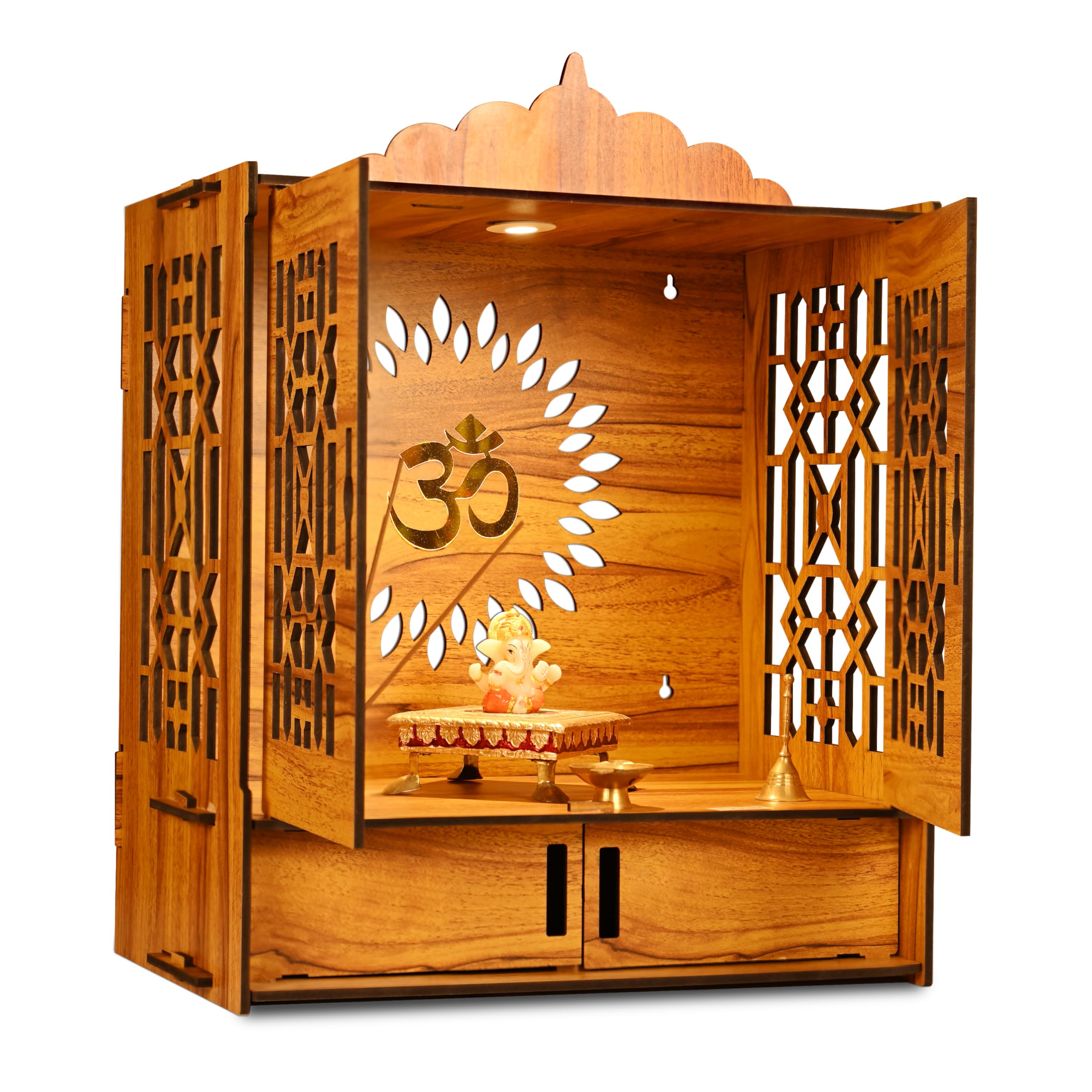 Flybuy Hub Wooden MDF Temple Mandir for Home with Door Cabinets | Assembly Required | Pooja Unit with Storage Space | LED Light and Wall Mounts | Pooja Mandir for Home Big Size (H-21, L-16, B-10 inch)