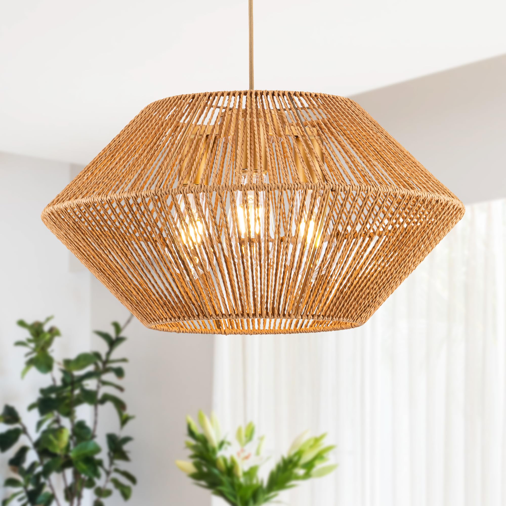 Woven Rattan Pendant Light, 19.5 Inch 3-Light Hemp Rope Boho Chandelier Rustic Farmhouse Chandelier Light, Rattan Light Fixture for Dining Room Living Room Bedroom Kitchen Foyer, Brown