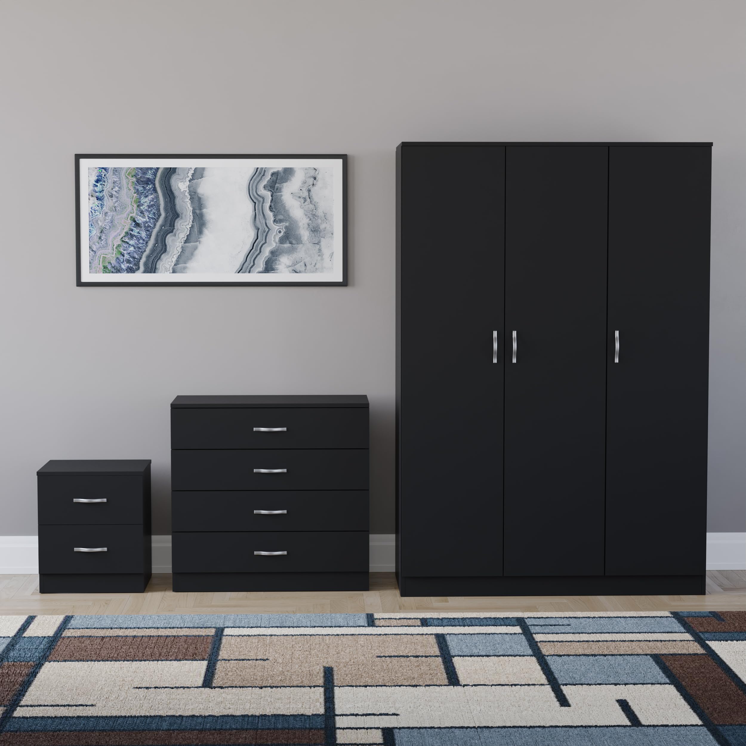 Vida Designs Riano - Juego de dormitorio de 3 piezas (mesita de noche de 2 cajones, cómoda de 4 cajones, armario de 3 puertas), color negro (5)