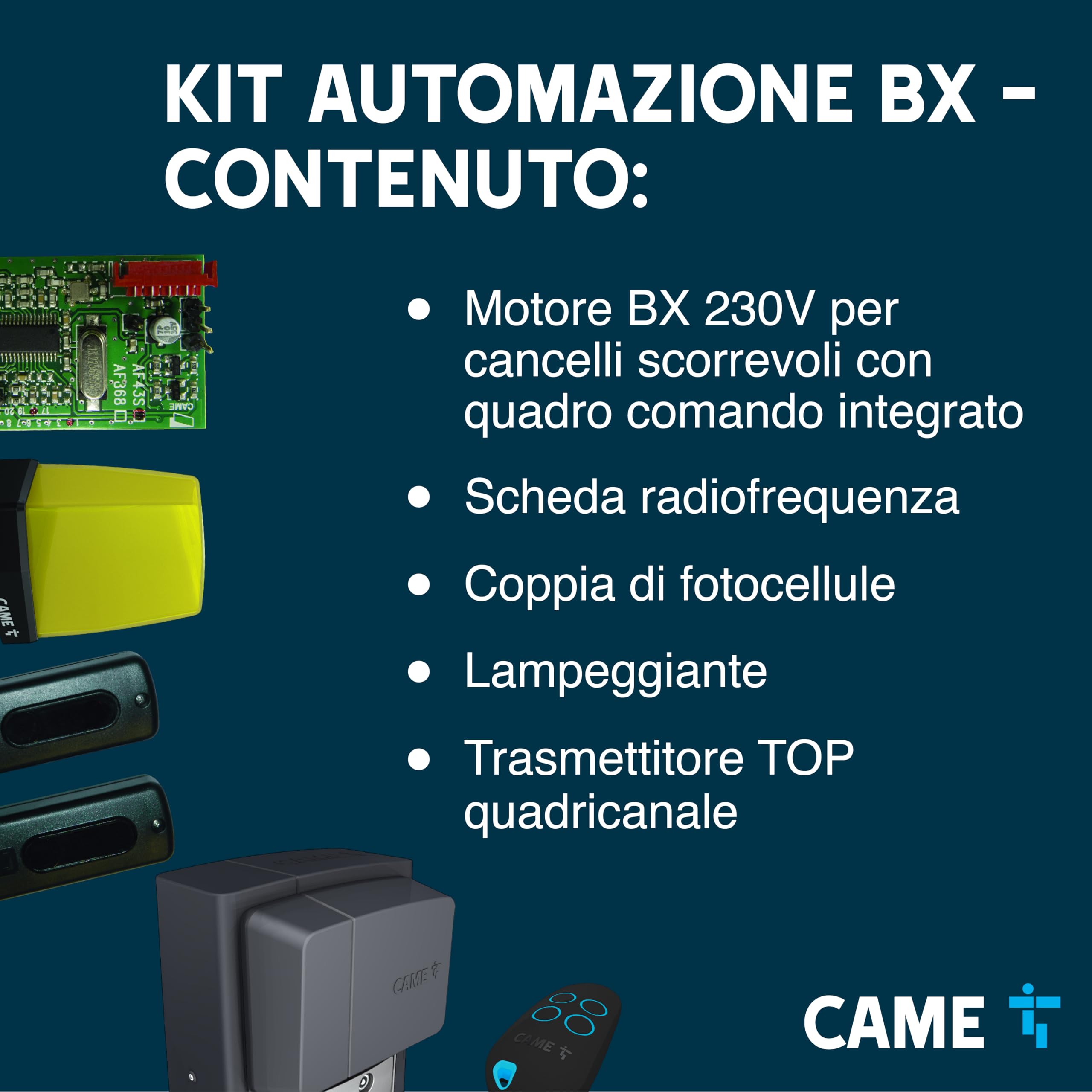CAME Kit automazione BX a 230 V per cancelli scorrevoli fino a 14 m e 800 kg residenziali a uso intensivo include motore, scheda radiofrequenza, coppia di fotocellule, lampeggiante e trasmettitore