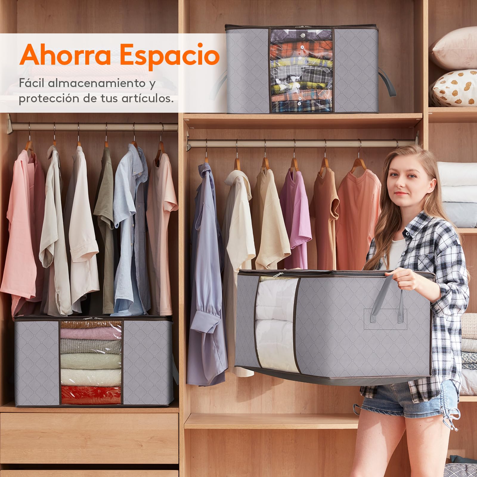 Lifewit 4 Piezas 120L Cajas Almacenaje de Gran Capacidad, Cajas Mudanza Plegable, Bolsas para Guardar Ropa, Bolsas Almacenaje Ropa, Organizador Armario Para Ropa, Mantas, Edredones, Gris Claro