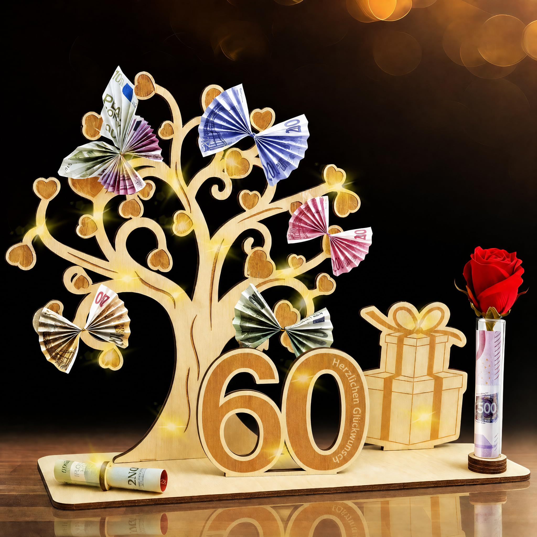 Geldgeschenk Hochzeit Holz mit Lichterketten,Hochzeitsgeschenke für Brautpaar Geld,Herzförmiges Geschenk zum Hochzeit Hochzeitstag aus Holz