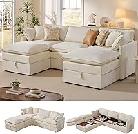 iHanHerry 103" Modular U-Shaped Sectional Sofa with Storage, Movable Ottomans & Chenille Cloud Cushions for Living Room (Beige)