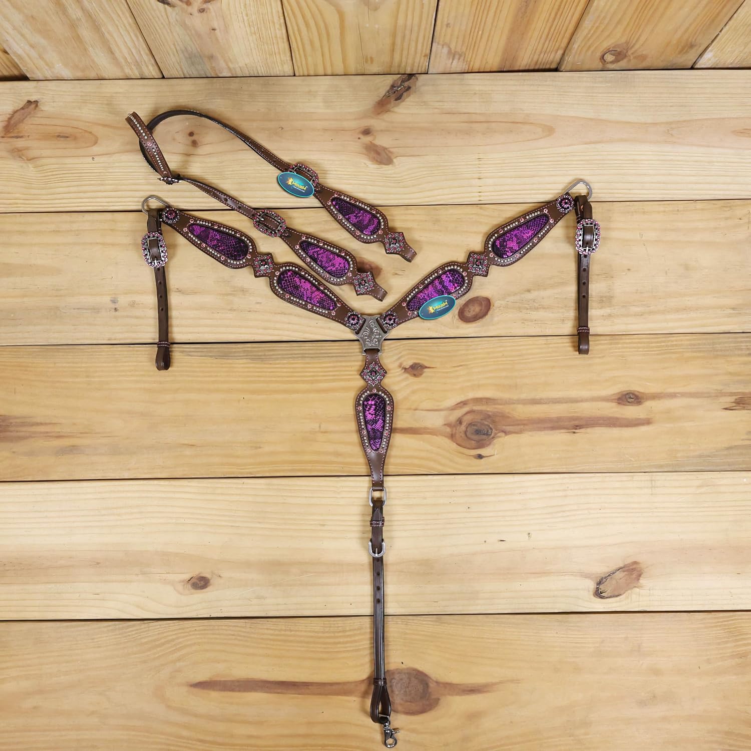 Headstall and Breast Collar Tack Set with Pink Snake Texture Leather, Nickel Studs, and Pink Rhinestones – Perfect Valentine's Day Gift for Equestrian Lovers
