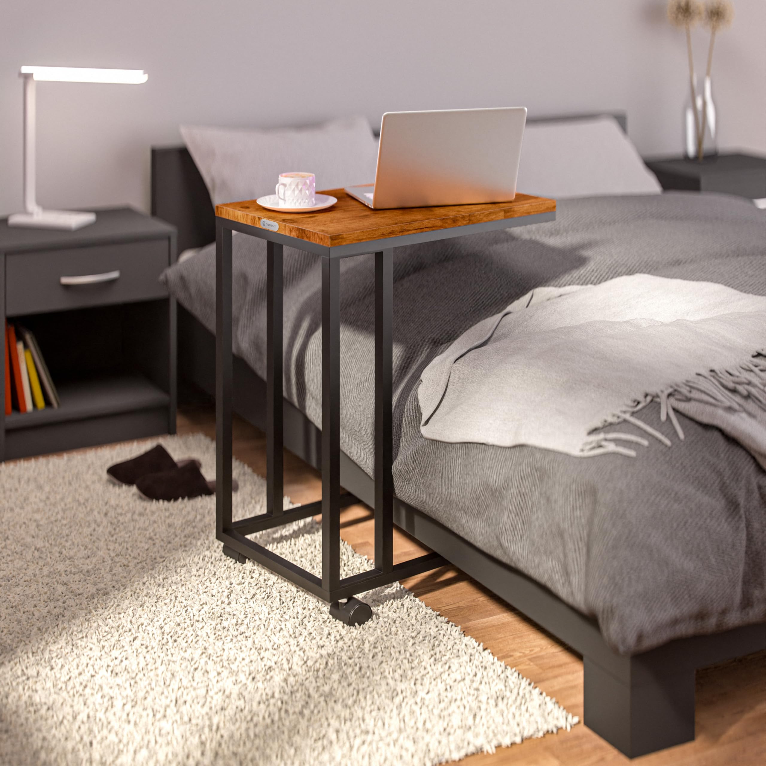 Casaria® Beistelltisch Holz Couch Schwarz 40kg Belastbarkeit 70cm Hoch 50x35cm Tisch Klein mit Rollen Laptop Kaffeetisch C Form Wohnzimmer Nachttisch Gestell aus Metall