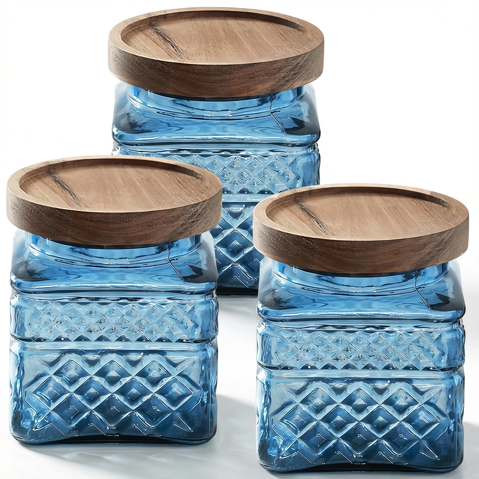 3-Pack 600ml Glass Canisters with Bamboo Lids, Vintage Airtight Storage Jars for Kitchen Pantry Organization - Food Containers for Sugar, Tea, Coffee, Flour, Snacks (Blue-2)
