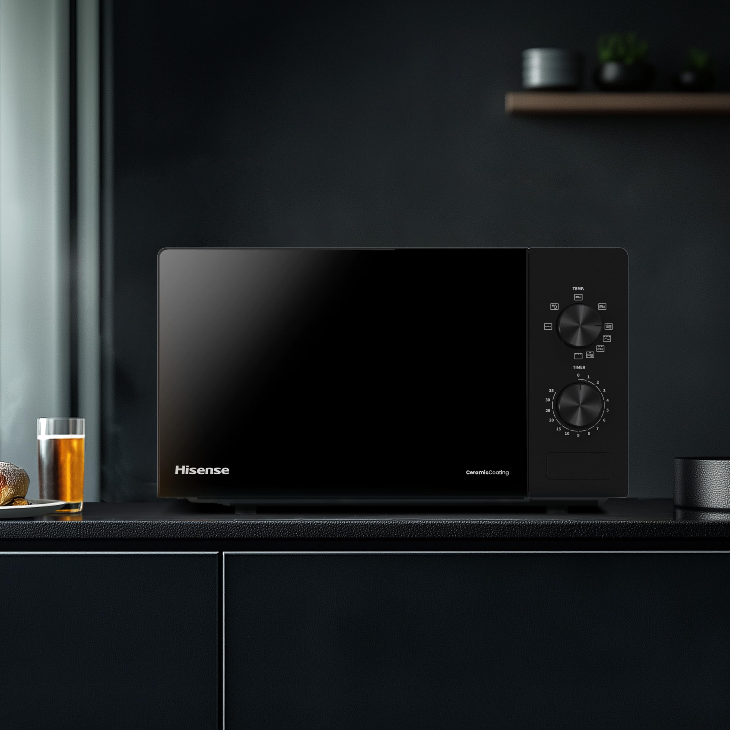 Hisense H20MOBP1G - Microondas con Grill 20 L, 700 W de Potencia, 800W Grill, Revestimiento Cerámico, Cristal Premium, 5 Niveles, Fácil Limpieza, Temporizador cocción, Negro
