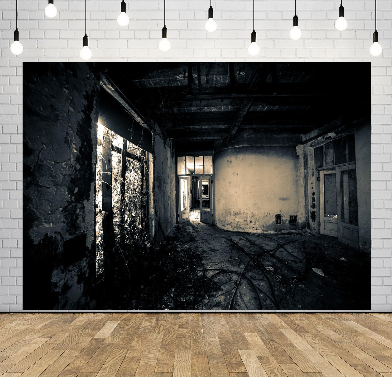 15x8FT (4.6x2.5m) Interno Abbandonato In Bianco E Nero Sfondo Fotografico | Stanza Buia Diroccata Fondale In Tessuto,Pavimento Rotto Pareti Danneggiate,Per Eventi Infestati E Foto Horror,Photo Booth
