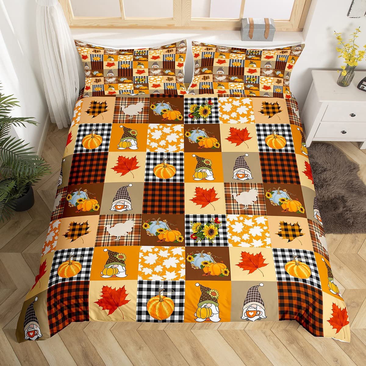 Homewish Autumn Harvest Theme Bedding Set Scandinavian Gnome Duvet Cover For Kids Child,Patchwork Plaid Comforter Cover Sunflower Pumpkin Turkey King Bed Set Orange Fall Leaves Autumn Decor