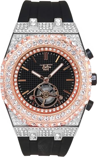 ICE Star Mens 43mm Iced Diamond Silicone Band Watch, Octagon Case