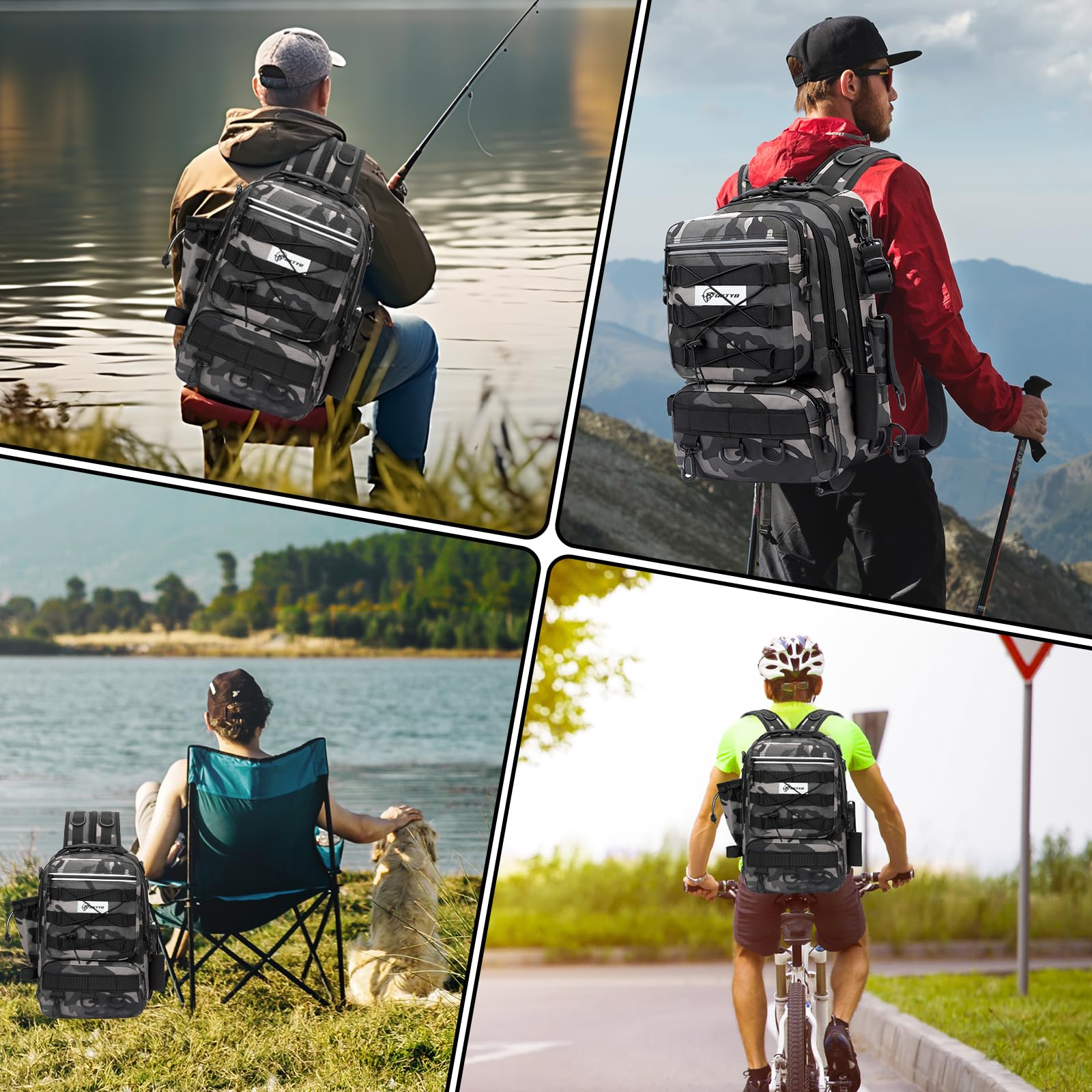 QKTYB Mochila de Pesca Grande con Portacañas, Mochila Impermeable con Cremallera, Bandolera Acolchada para Equipo de Pesca, Multibolsillos de Tela Oxford para Senderismo, Caza y Viajes