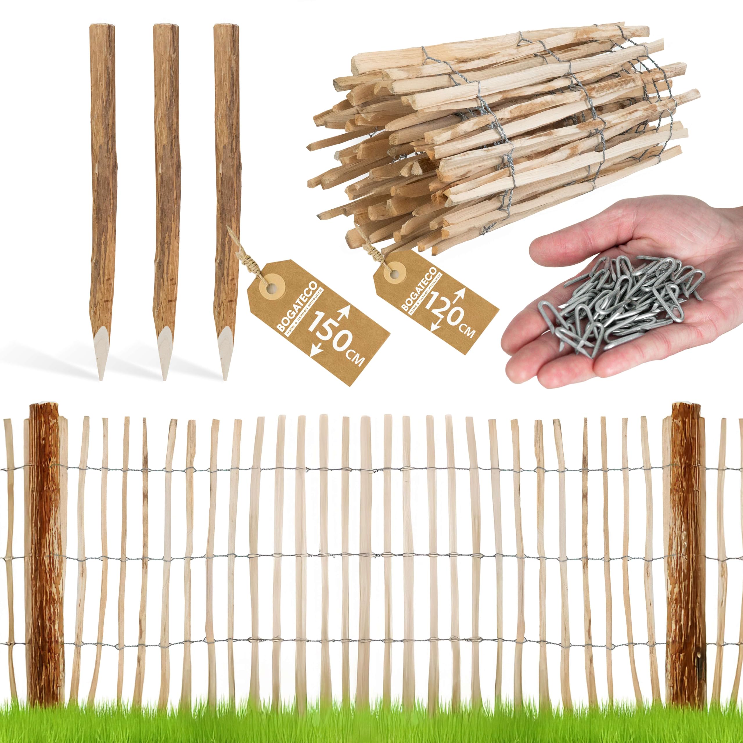 BOGATECO Valla de estacas de madera de avellana, 120 x 500 cm, con postes de 150 cm, distancia entre láminas de 7 a 8 cm, perfecta como valla de jardín, valla de madera, postes duraderos