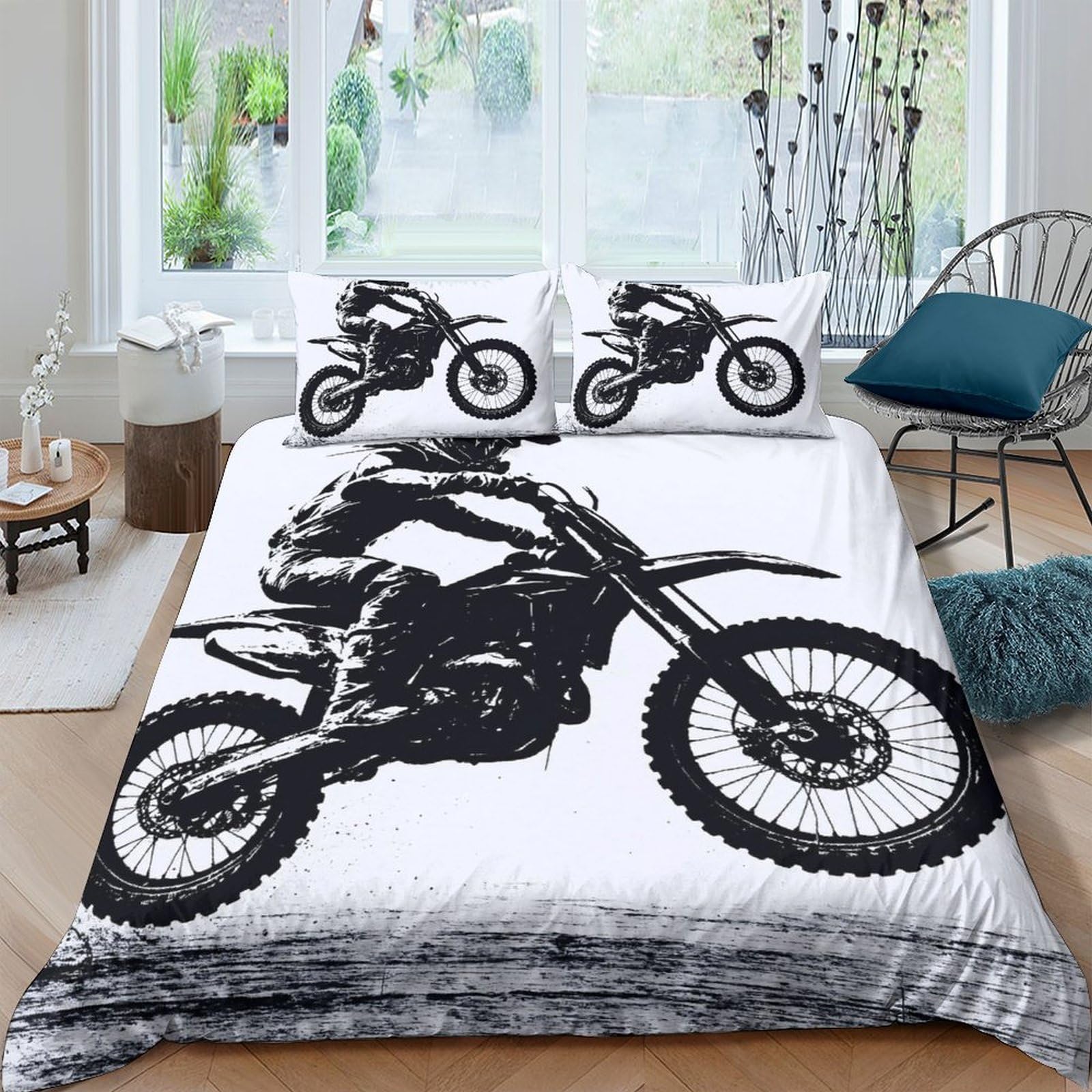 TUFRTGYHN 3D Printed Motocross Bike Duvet Cover Microfiber Soft Breathable Motorcycle Bedding Set with 2 Pillowcases for Bedroom Decor Single（135x200cm）