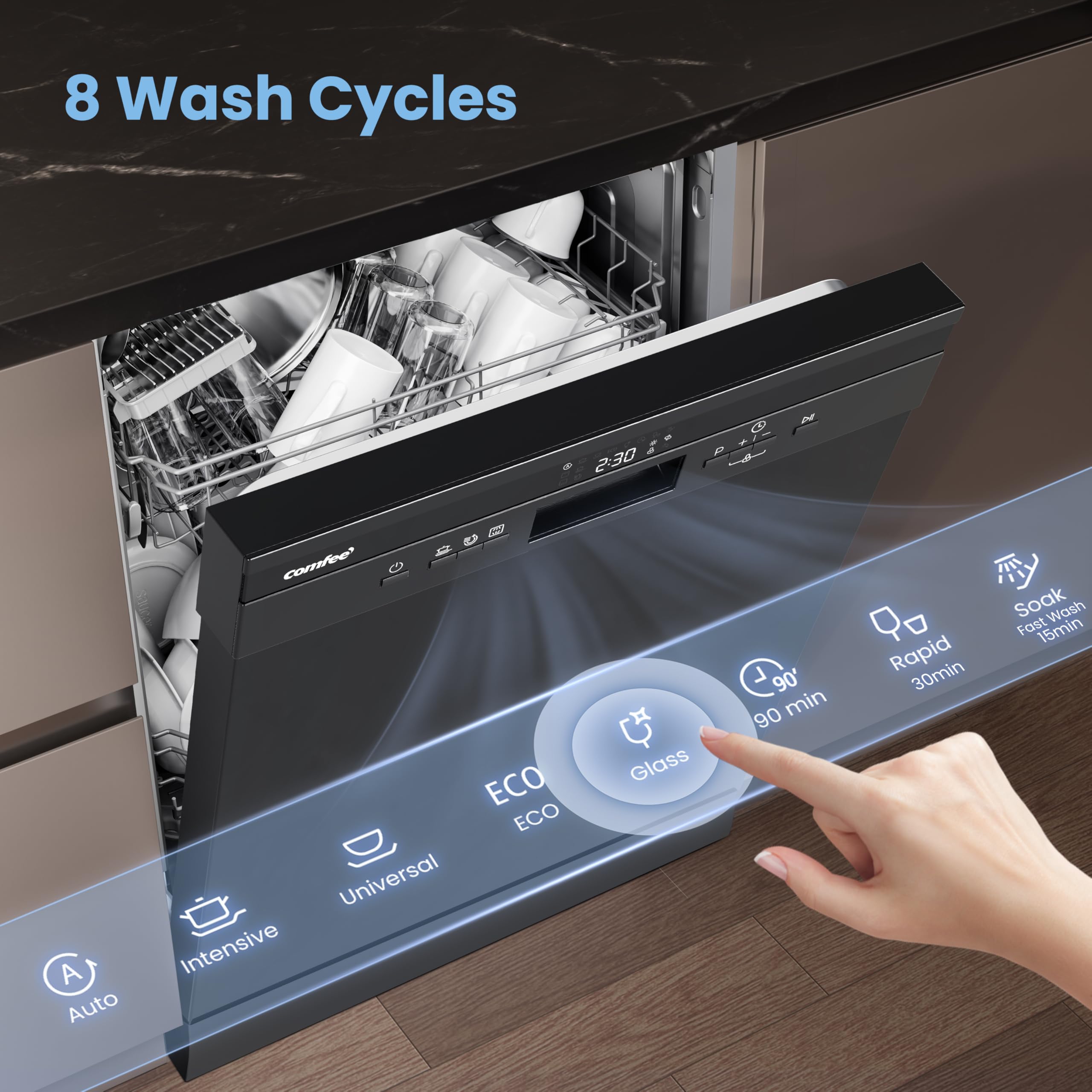COMFEE' Freestanding Dishwasher with 14 Place Settings, 44dB Quiet Full Size Dishwashers, CDWEF1435EBC-UK, ECO Wash, Auto Open Drying, Half Load, Delay Start, Wide LED Display, Black — view 4