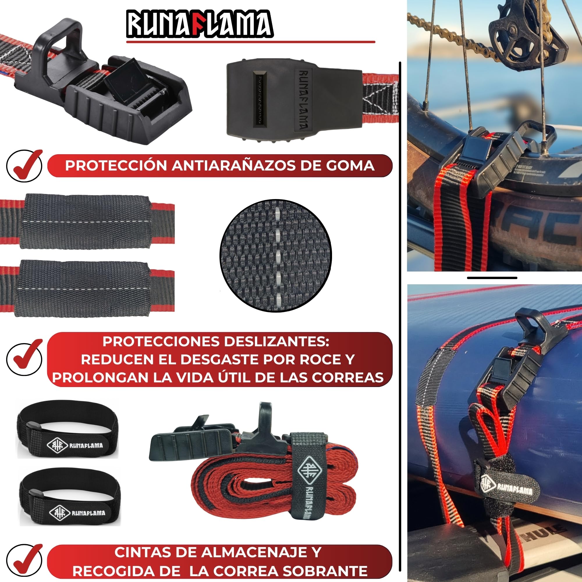 Cinchas de Amarre con Protección - Eslingas de Amarre para Baca, Surf, Kayak, Remolque Moto - Trinchas de Sujeción a Portabicicletas - Resistencia rotura 500 kgf por Cinta - 2 Correas 2,5m - 4