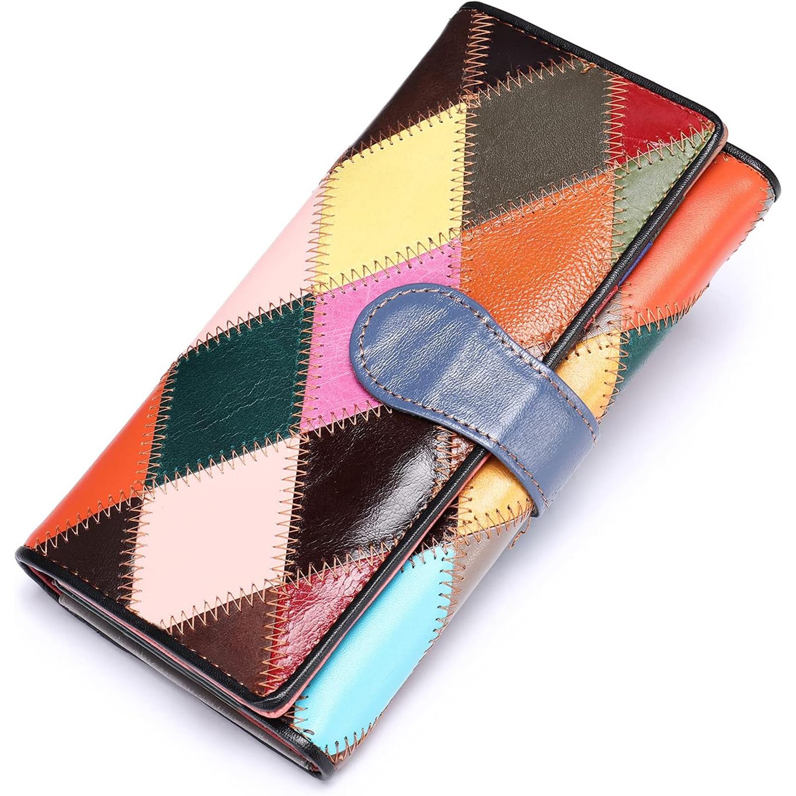 MASIWEI Genuine Leather Patchwork Wallet for Women Multicolor Trifold Wallets Ladies Card Holder Money Organizer with Coin Purse