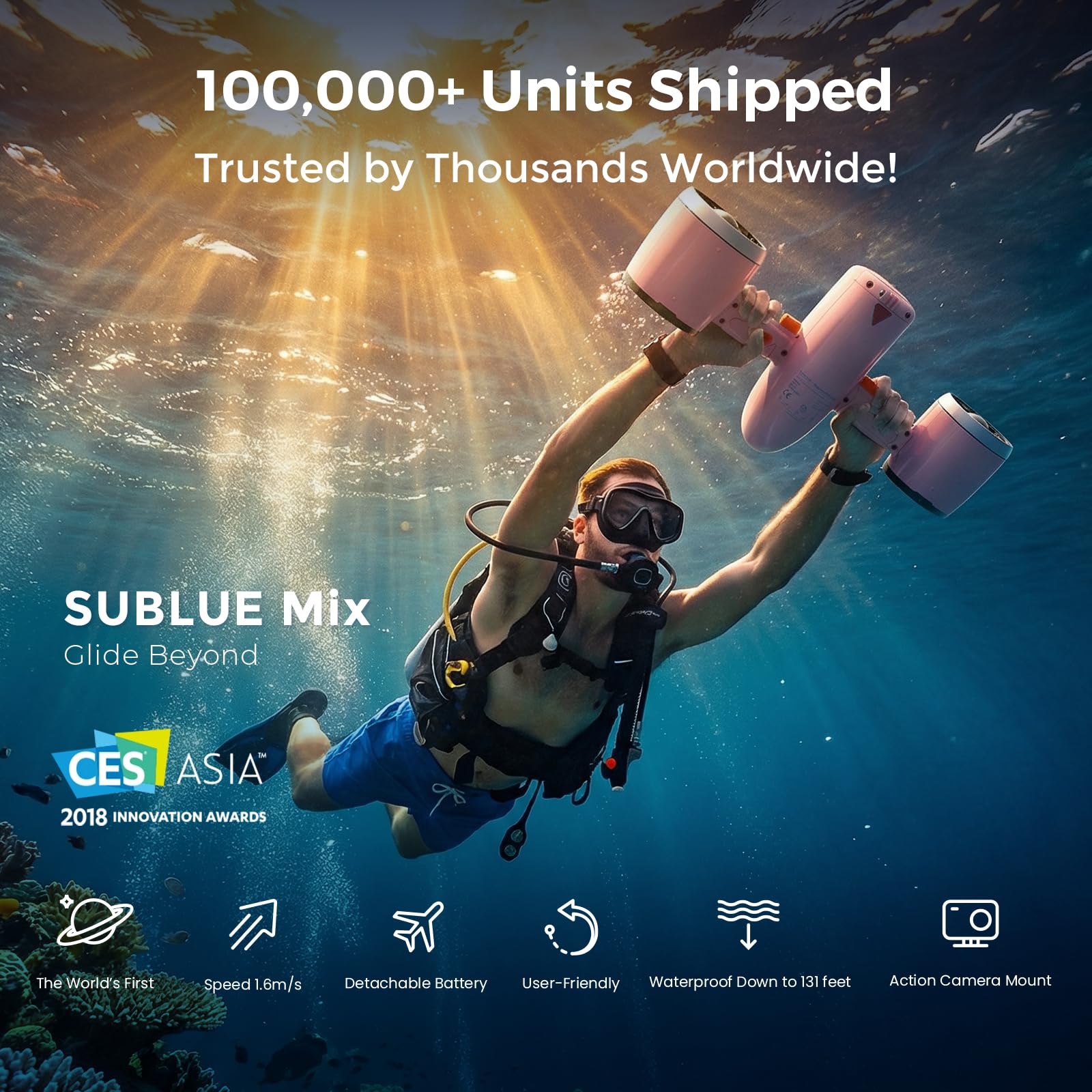 Sublue Mix Unterwasser-Scooter mit Action-Kamera-Halterung, 10 kg Schubkraft, 30 m, wasserdicht, Doppelmotor, für Schwimmbad, Tauchen, Schnorcheln (Space Blue)