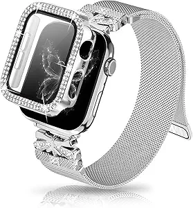 Magnetic Band for Women Compatible with Apple Watch Band 38mm 40mm 41mm 42mm 44mm 45mm 46mm Milanese Stainless Steel Loop with Bling Protective Case, Dressy Metal Strap Replacement iWatch Band