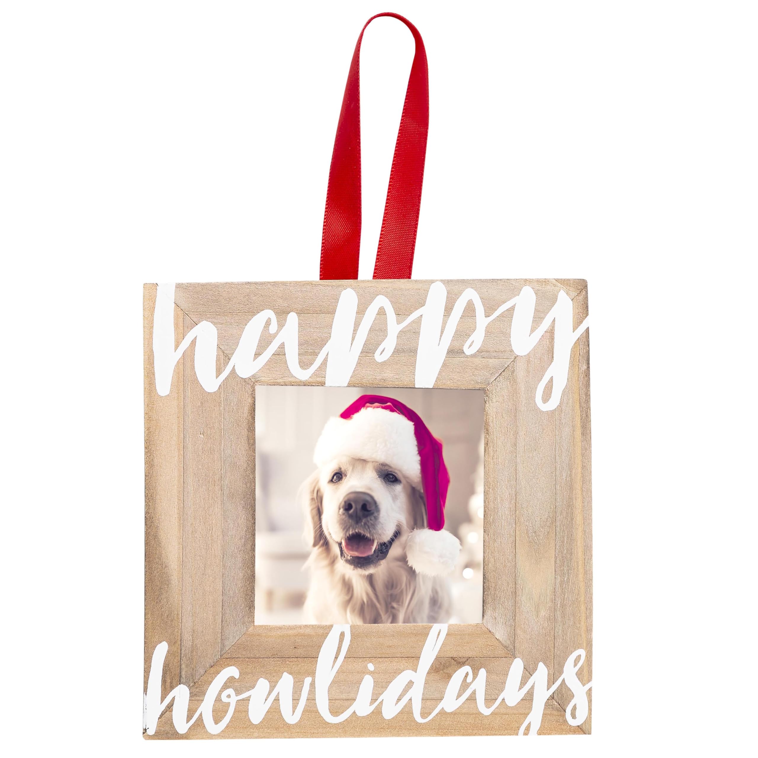 Pearhead Happy Howlidays Wooden Christmas Photo Ornament, Rustic Dog Picture Frame Christmas Tree Keepsake
